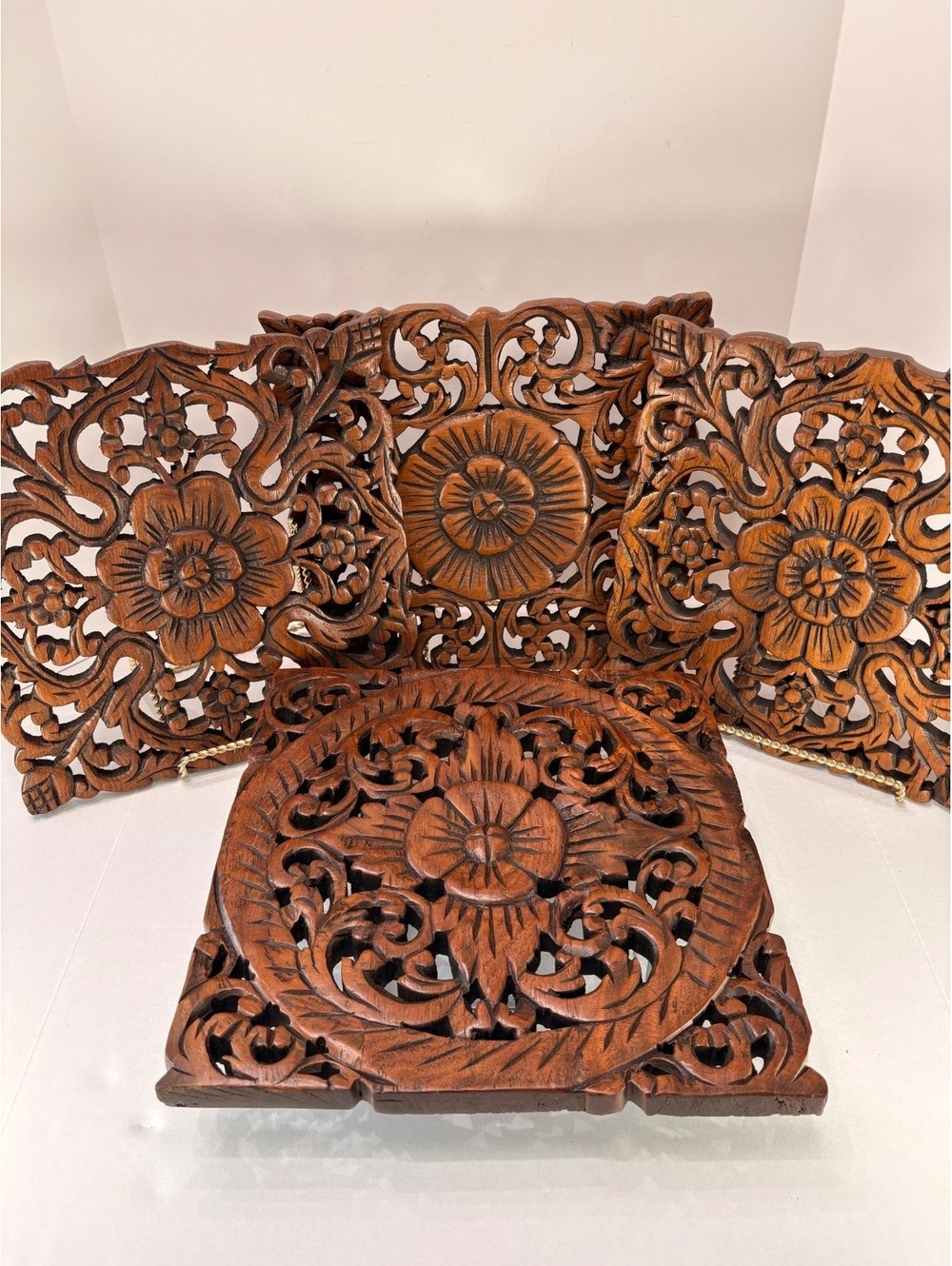 Vintage Hand-Carved Wood Wall Panels Set of 4 Ornate Floral Boho Decor